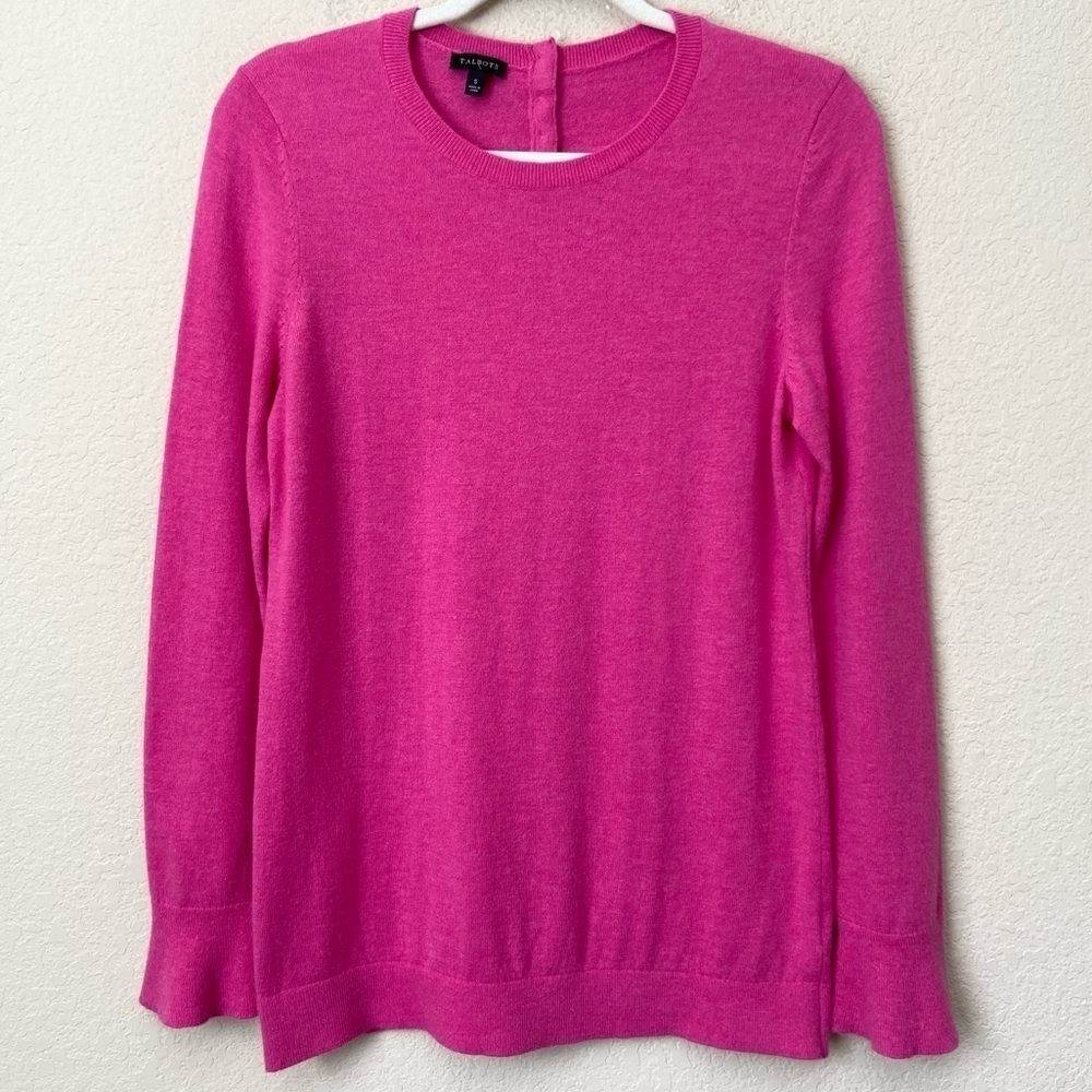 Talbots Lambswool Blend Ruffle Wrist Hot Pink Crew Neck Sweater